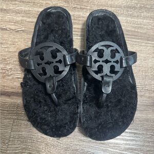 Tory Burch Black Fuzzy Flip Flops